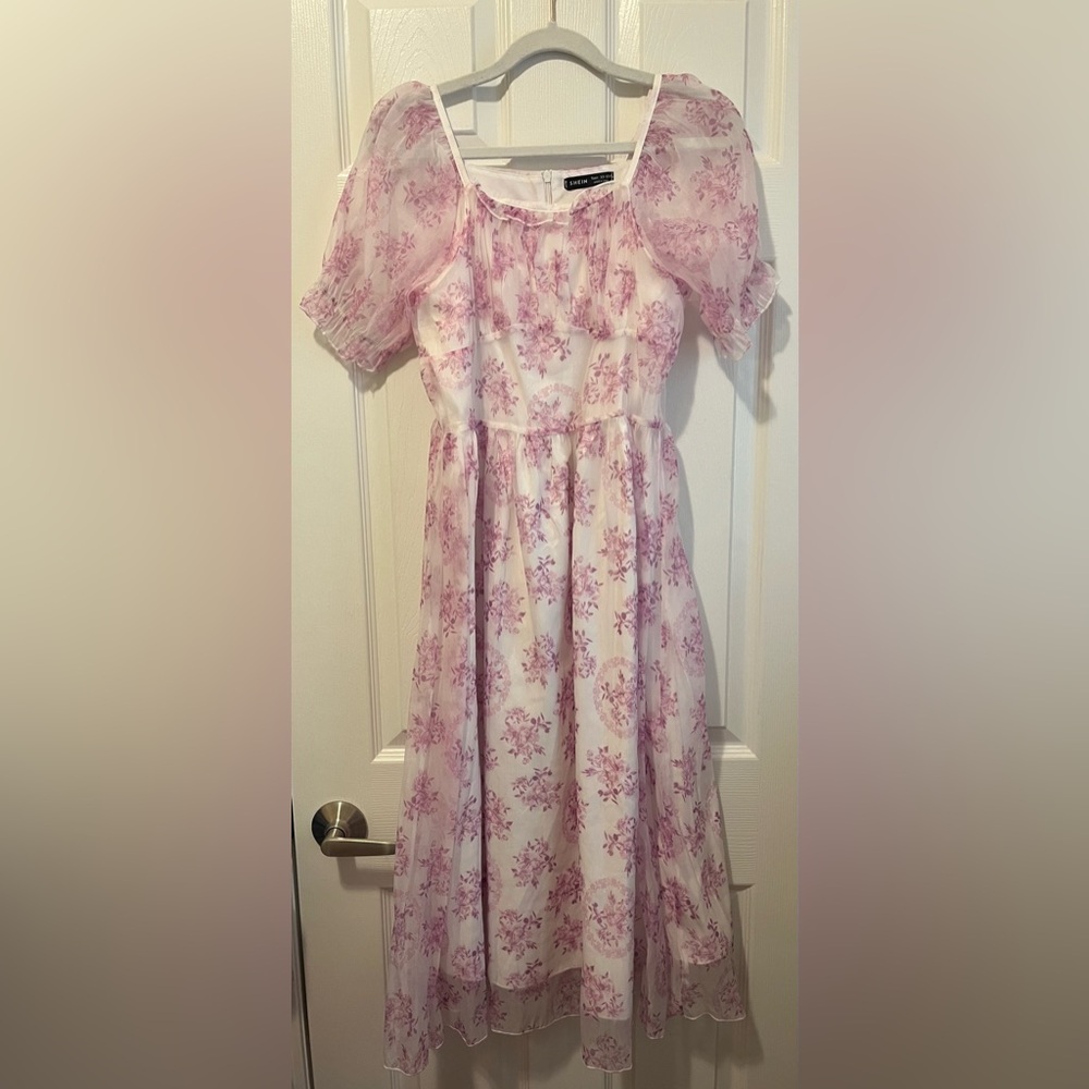 Purple Floral Organza Puff Sleeve Midi Dress - Size 12-13Y / XXS